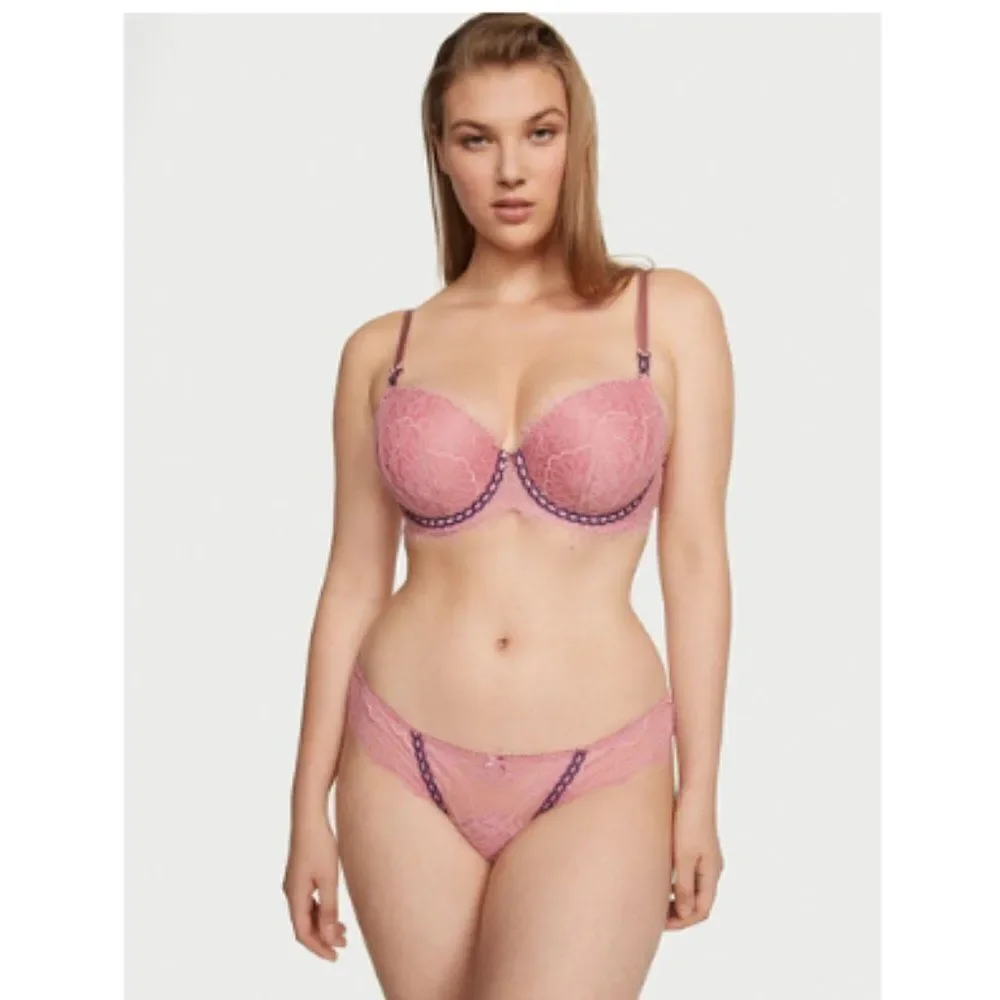 NWT Victoria’s Secret Ribbon Slot Lace Thong Panty Pink Dusk Mauve Size Medium